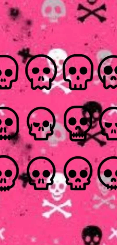 Pink background with black skull patterns.