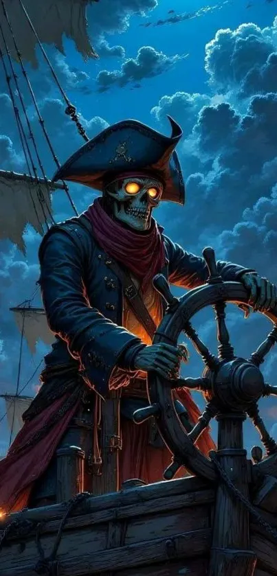 Skeleton pirate steering ship under dark, cloudy night sky.
