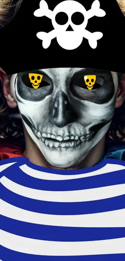 Colorful pirate skull face with hat and striped shirt design.