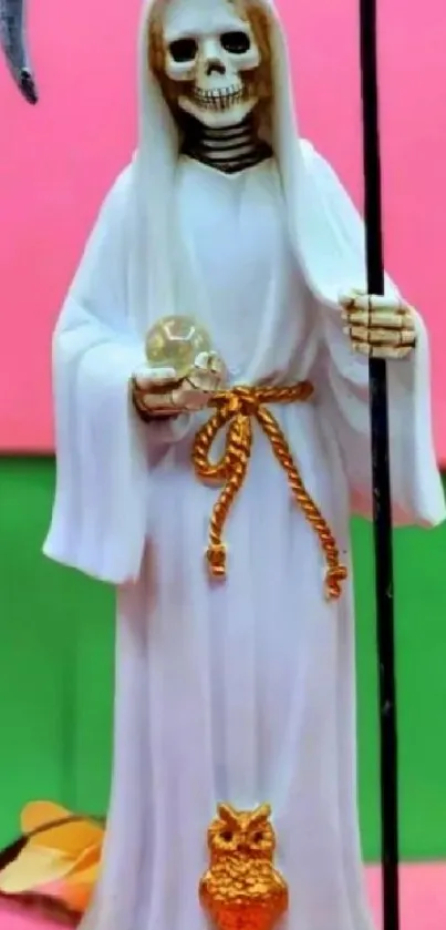 Skeleton priest with golden accents on a pink and green background.