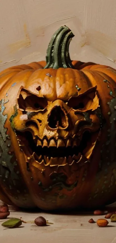 Halloween wallpaper with a carved skull pumpkin and autumn tones.