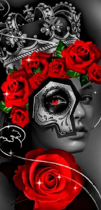 Red roses and skull queen wallpaper with crown.