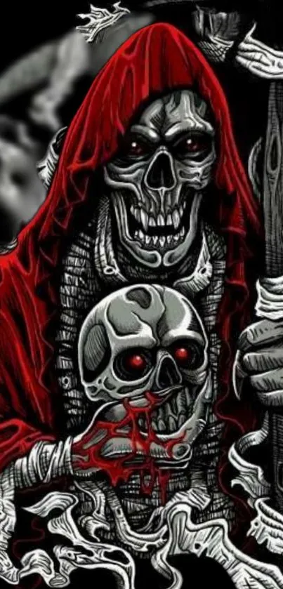 Gothic skull reaper in red cloak.