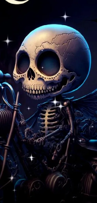 Skeleton rides a motorcycle under a moonlit night in a gothic style wallpaper.