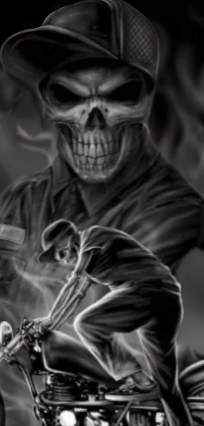 Dark skull biker on motorcycle with flames in background.