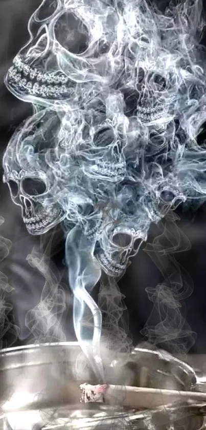 Artistic skulls emerging from smoke in a dark, mysterious design.