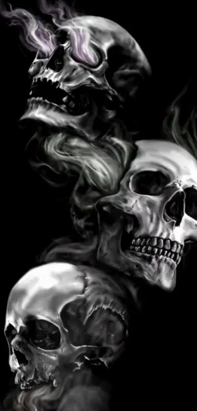 Dark skulls with smoke on a black background, mobile wallpaper.