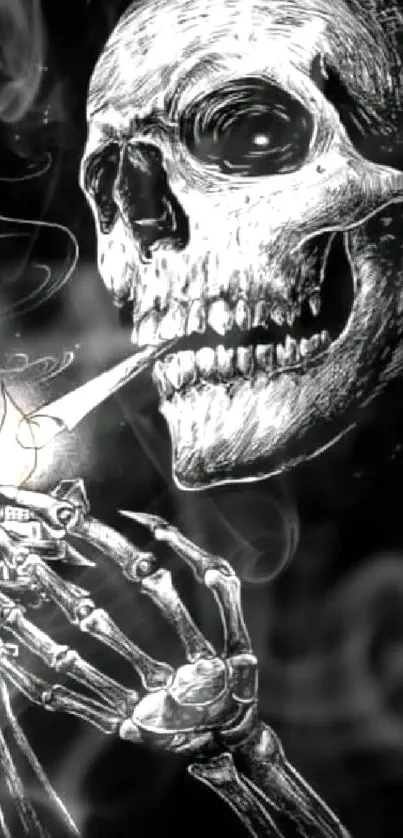 Artistic wallpaper of a smoking skull on a black background.