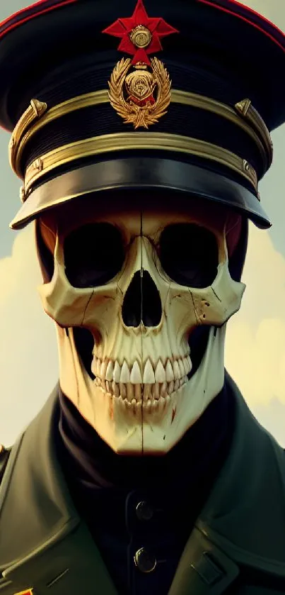 Artistic mobile wallpaper featuring a skull in a military uniform.