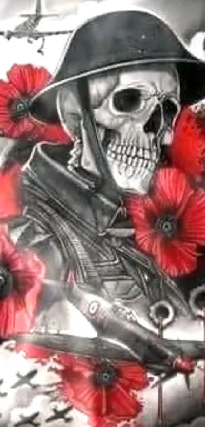 Detailed skull soldier art with red poppies.