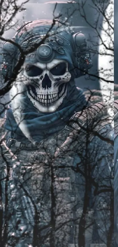 Skull-masked soldier in forest setting wallpaper.