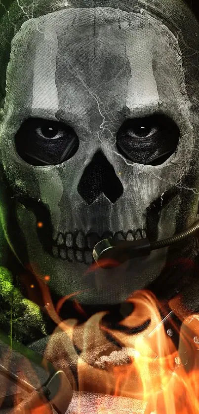 Skull-faced soldier with headset in neon green tones.