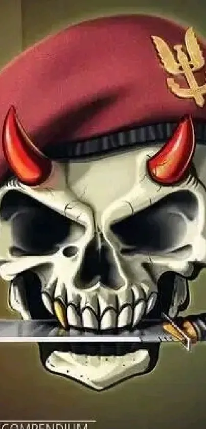 Skull with red beret and knife mobile wallpaper.