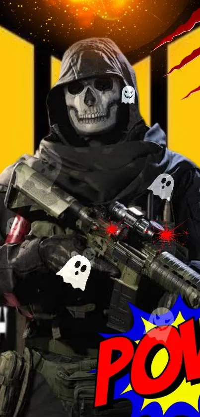 Skull soldier with comic visuals on vibrant mobile wallpaper.