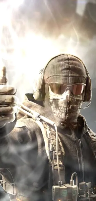 Mobile wallpaper of a skull-masked soldier with tactical gear in dramatic lighting.