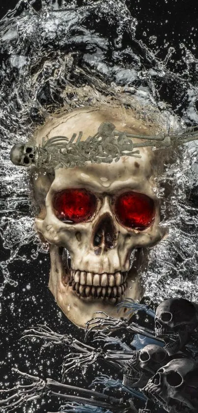 Dramatic skull wallpaper with red eyes and water splash effect.