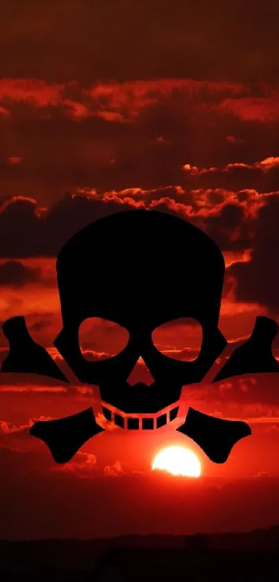 Dark red sky with skull silhouette at sunset.