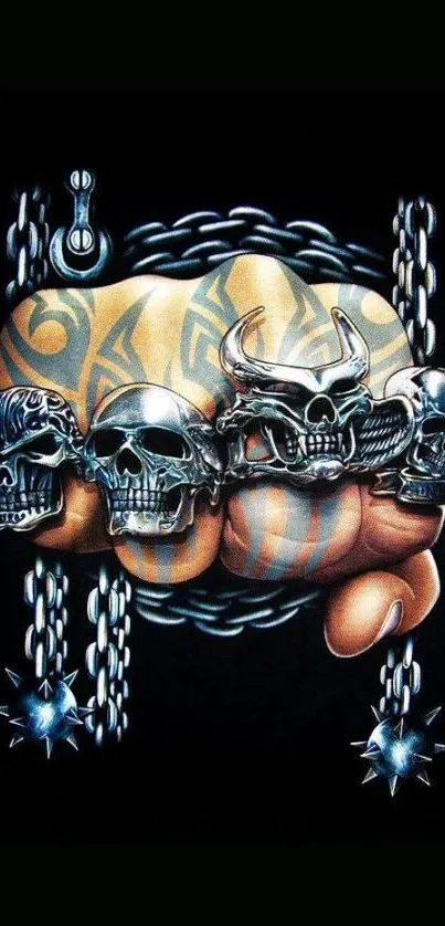 Tattooed fist with skull rings on black background wallpaper.