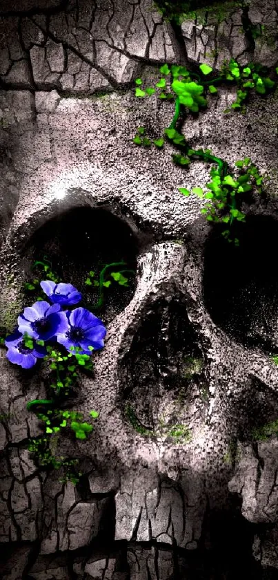 Textured skull with green foliage and purple flowers on a dark stone background.