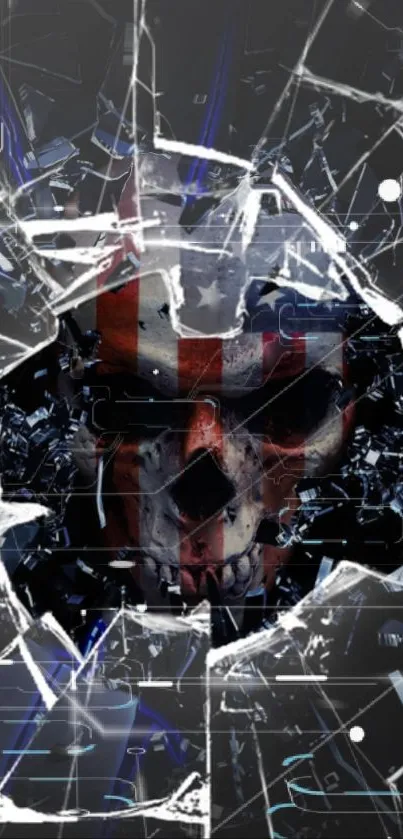 Skull with flag through broken glass wallpaper