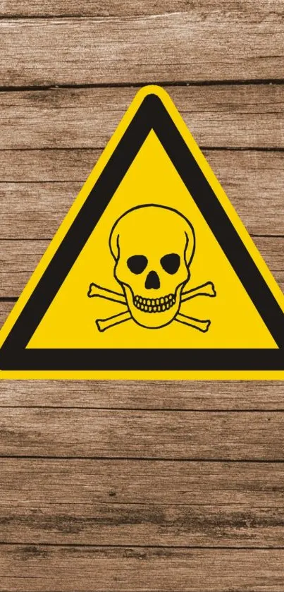 Skull warning sign on wooden wallpaper.
