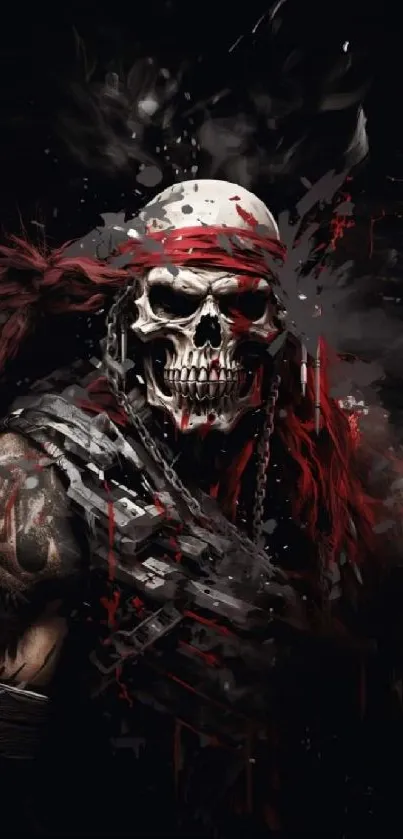 Skull warrior with red bandana in dark, dramatic wallpaper.