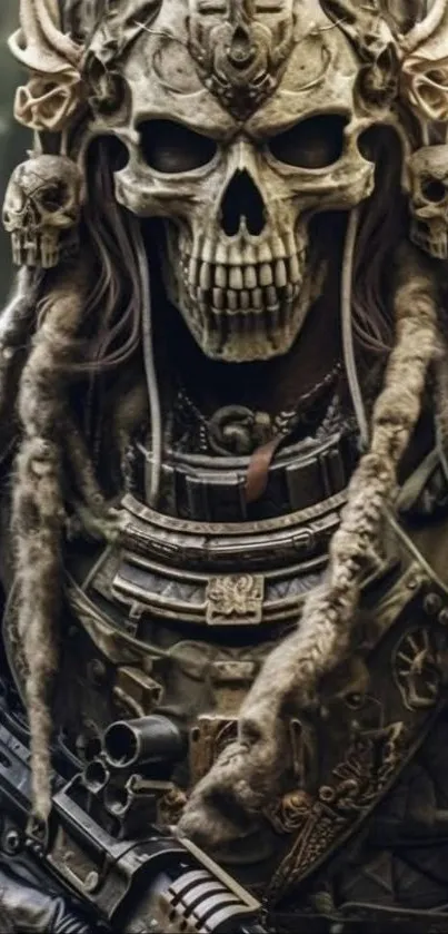 Gothic skull warrior in detailed armor with dark theme.