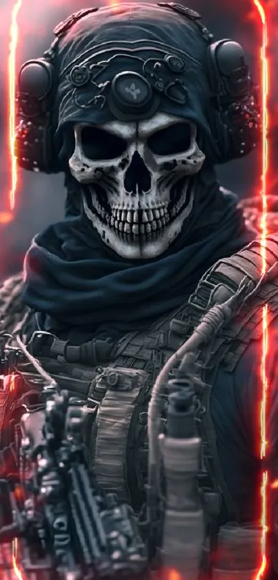 Skull-clad warrior in tactical gear with a mysterious backdrop.