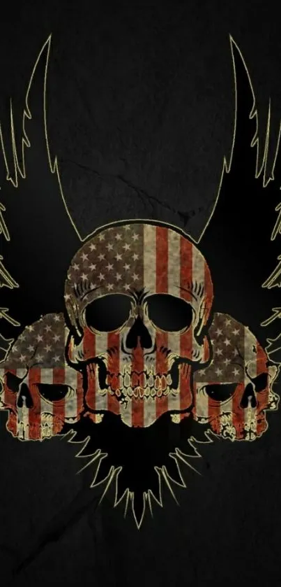 Skull design with American flag and wings on black background.