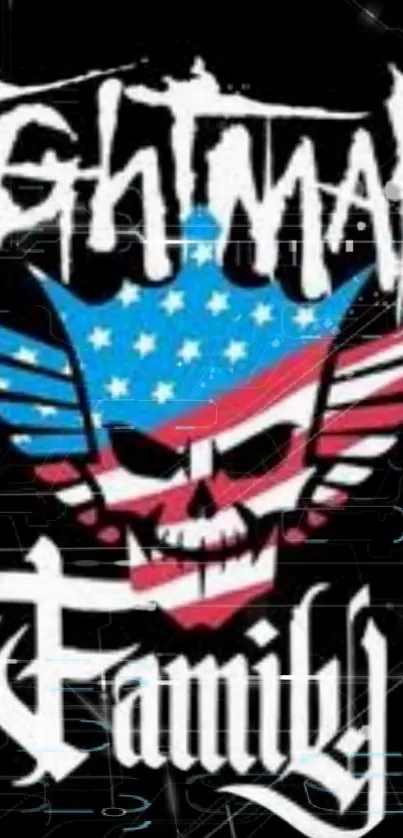 Skull with American flag wings and 'Nightmare Family' text.