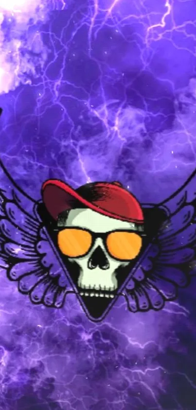 Mobile wallpaper with skull, wings, and purple lightning background.