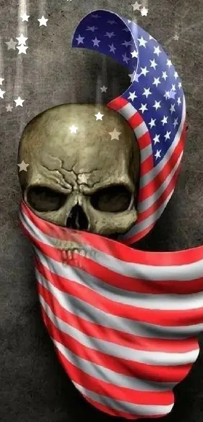 Skull wrapped in American flag with dark background.