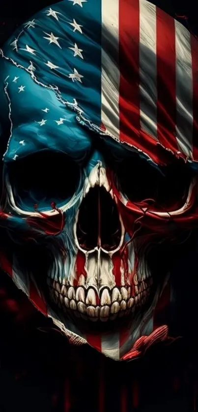 Skull with American flag and dark background creates a bold artistic wallpaper.