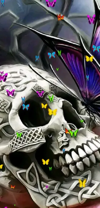 Tattooed skull with purple butterfly art.