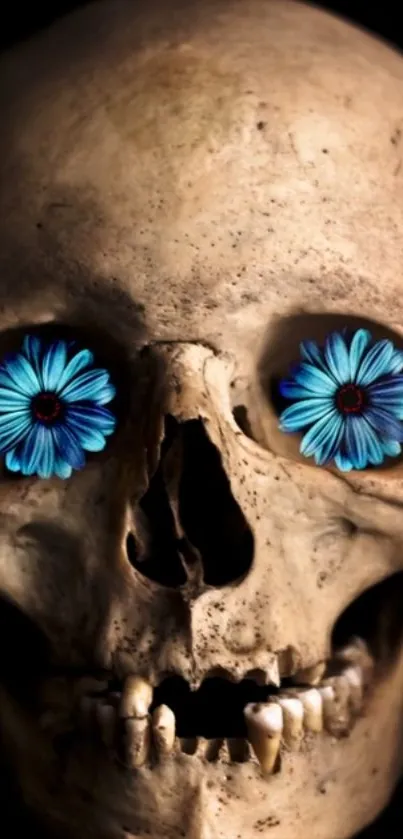 Skull with blue flower eyes on a dark background.