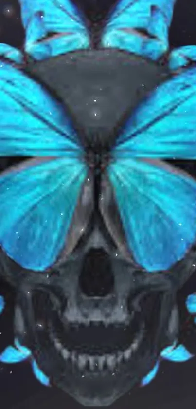 Skull with vibrant blue butterflies on a dark background wallpaper.