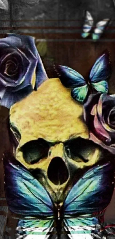 Mobile wallpaper featuring a skull with blue butterflies and roses.