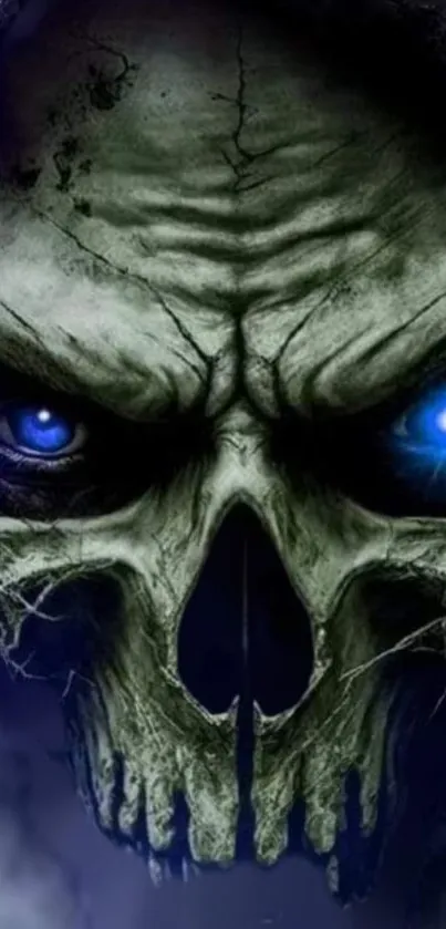 Eerie skull with glowing blue eyes on dark background.