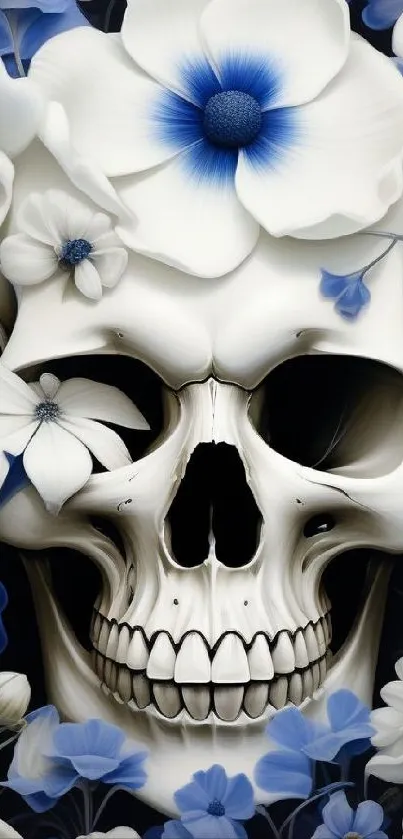 Skull with elegant white and blue flowers art wallpaper.