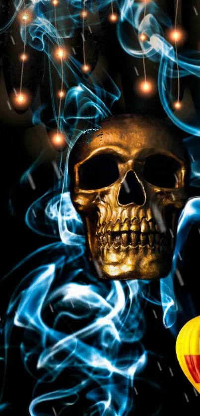 Gold skull with blue smoke and fireballs wallpaper, featuring dark background.