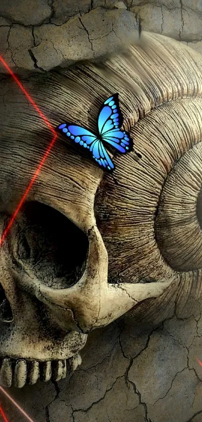 Artistic skull with blue butterfly and spiral design on mobile wallpaper.