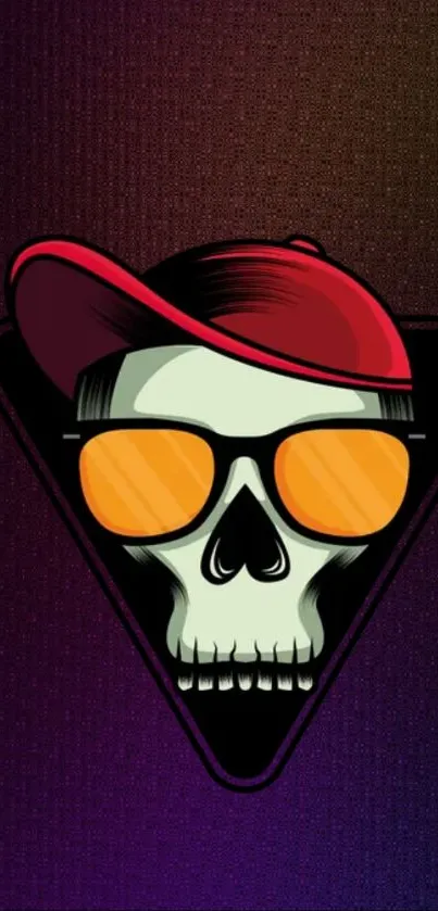 Skull with orange sunglasses and a red cap on a dark background.