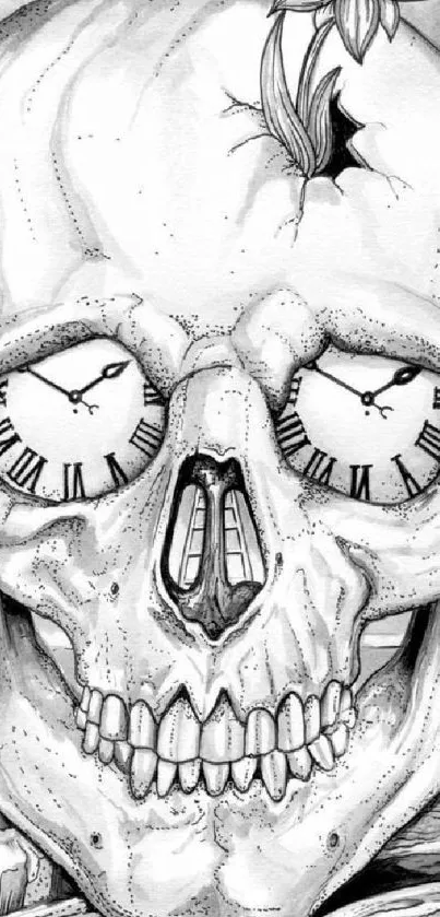 Black and white skull illustration with clock eyes and a cracked design.