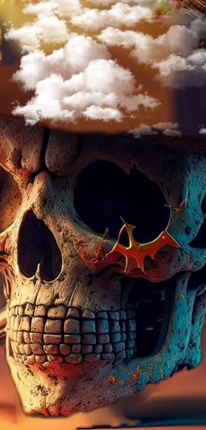 Surreal skull with hat and clouds mobile wallpaper.