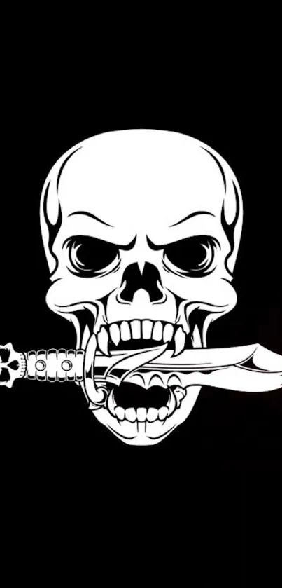 Edgy skull with a dagger in black background wallpaper.