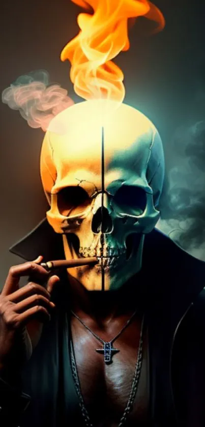 Surreal skull with flaming head and smoke, artistic wallpaper.