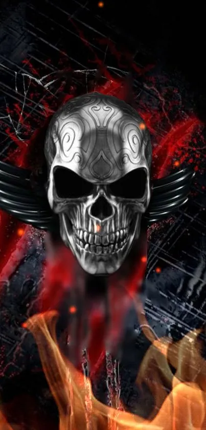 Metallic skull with wings, engulfed in flames on a dark background.