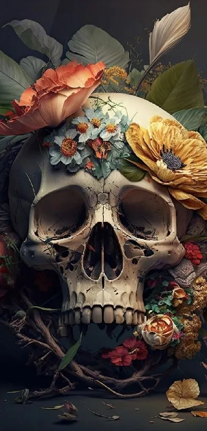 Phone wallpaper with skull and flowers in dark tones.