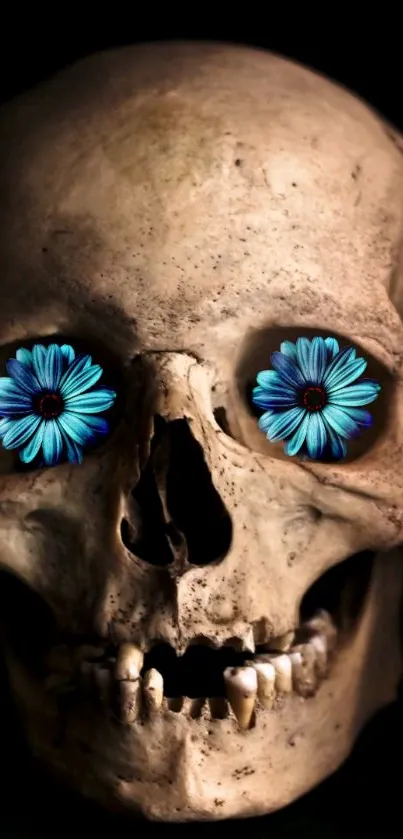 A skull with blue flowers in the eye sockets on a dark background.