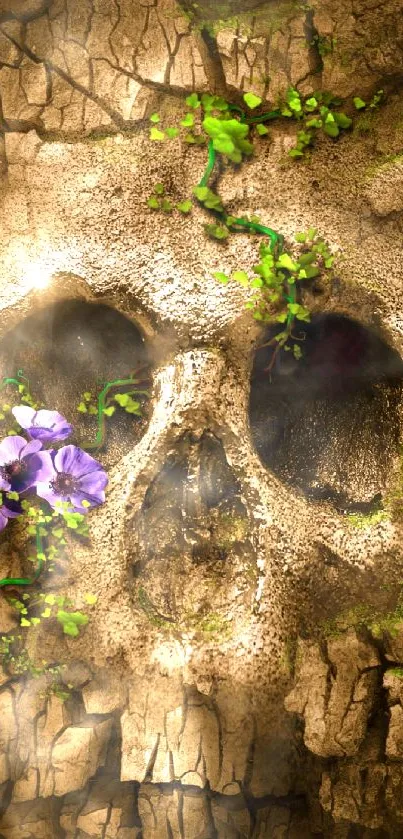 Wallpaper featuring a cracked earth skull with flowers.